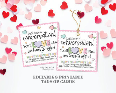 Let's have a Conversation Tag, Valentines Marketing Gift Tag, Customer Valentine, Healthcare, Real Estate, Candy Heart Valentine, Referrals