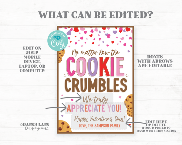 Appreciate Valentine, No Matter How the Cookie Crumbles Tag, Customer Appreciation Teacher, Employee, Staff, Team, Non-Candy, Editable