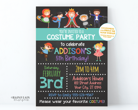Editable Kids Costume Party Invitation, Dress Up Birthday Party Invite, Customizable, Digital Download, Printable