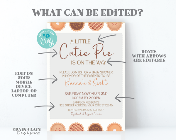 Cutie Pie Baby Shower Invitation Template, Fall Baby Shower Invite, Little Cutie Pie, Gender Neutral, Pumpkin Pie, Digital Download