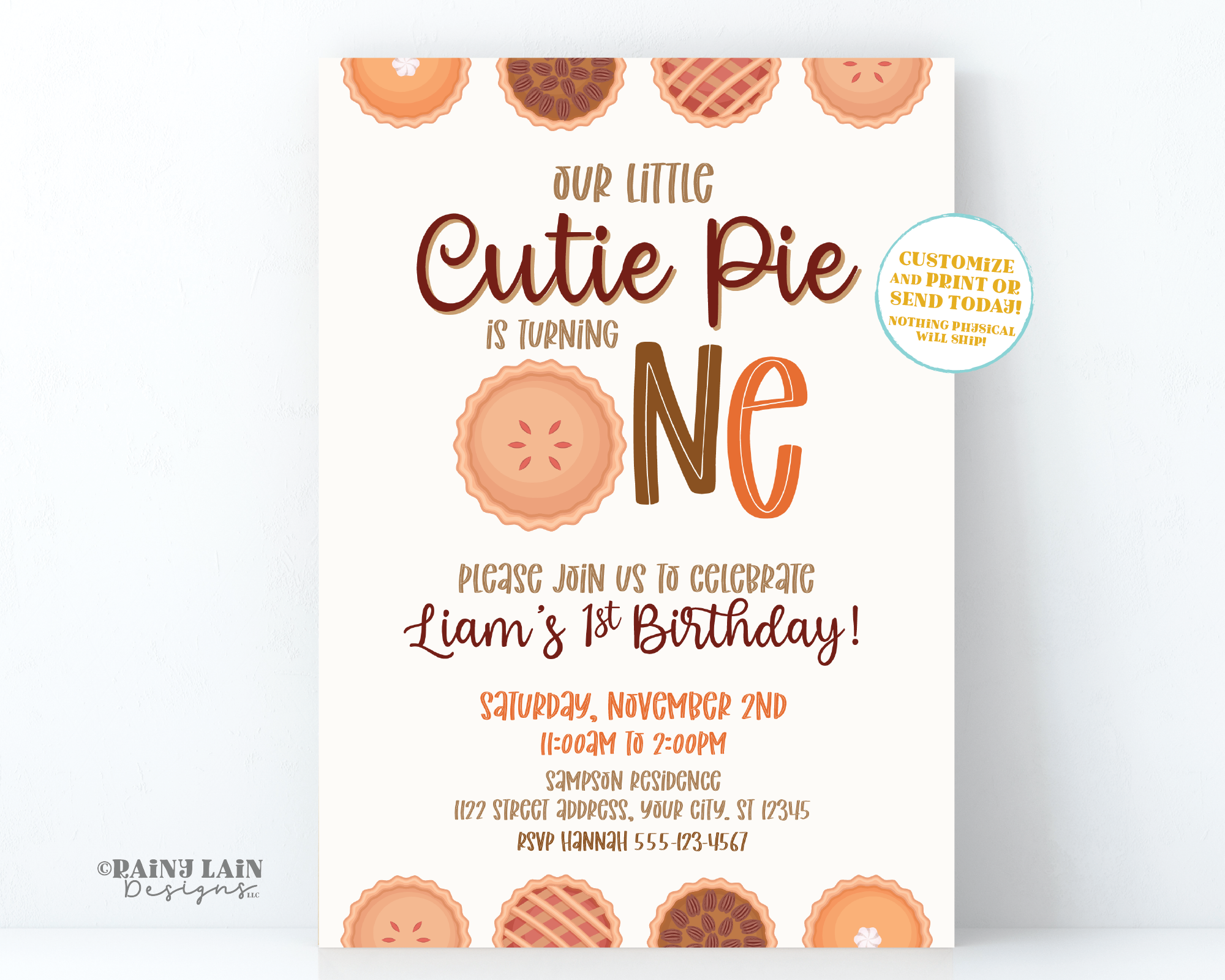 Editable Cutie Pie First Birthday Party Invitation Template, 1st, Second, 2nd,  Printable, Instant Digital Download