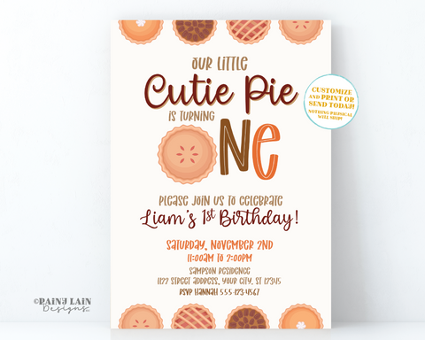 Editable Cutie Pie First Birthday Party Invitation Template, 1st, Second, 2nd,  Printable, Instant Digital Download