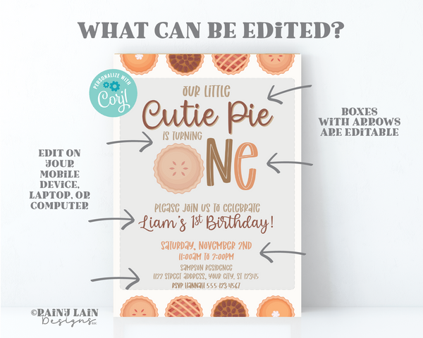 Editable Cutie Pie First Birthday Party Invitation Template, 1st, Second, 2nd,  Printable, Instant Digital Download