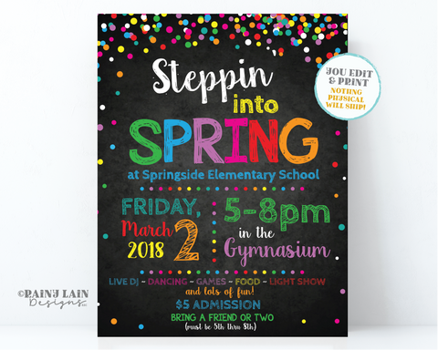 Spring Dance Flyer, Editable Dance Invitation, Steppin into Spring, Fundraiser Flyer, Spring Invite, Printable, Chalkboard, Rainbow Confetti