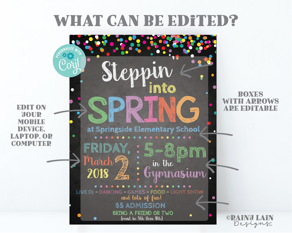 Spring Dance Flyer, Editable Dance Invitation, Steppin into Spring, Fundraiser Flyer, Spring Invite, Printable, Chalkboard, Rainbow Confetti