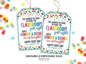 Printable First Day of School Teacher Gift Tag, Dinner and Dishes Gift Tag, Teacher Gift Tag from PTO, Downloadable Tag