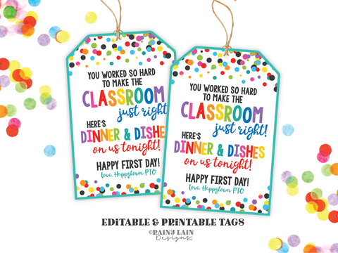 Printable First Day of School Teacher Gift Tag, Dinner and Dishes Gift Tag, Teacher Gift Tag from PTO, Downloadable Tag