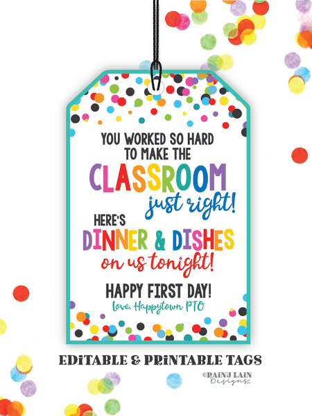 Printable First Day of School Teacher Gift Tag, Dinner and Dishes Gift Tag, Teacher Gift Tag from PTO, Downloadable Tag