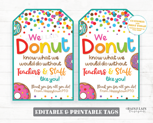 Donut Know What We Would Do Without You Tag Thank you Appreciation Favor Donut Gift Teacher Staff Employee Co-Worker School PTO PTA