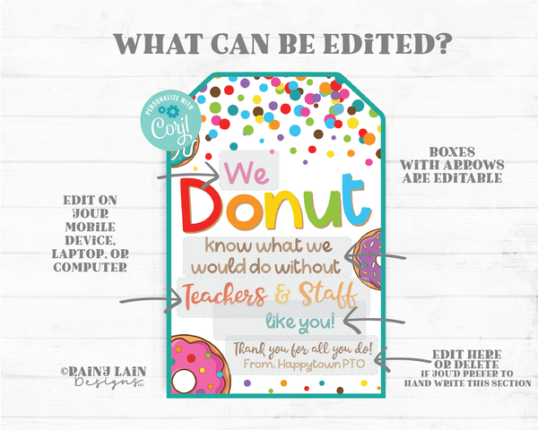 Donut Know What We Would Do Without You Tag Thank you Appreciation Favor Donut Gift Teacher Staff Employee Co-Worker School PTO PTA
