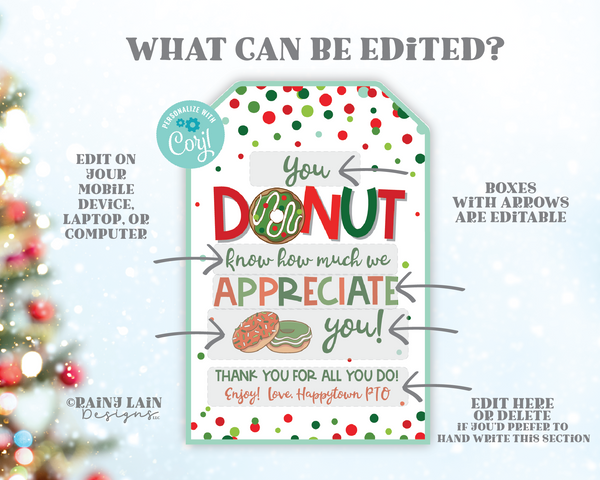 Christmas You Donut Know How Much We Appreciate You Gift Tag, Thank you, Holiday Appreciation Favor, Teacher Staff Employee School PTO PTA