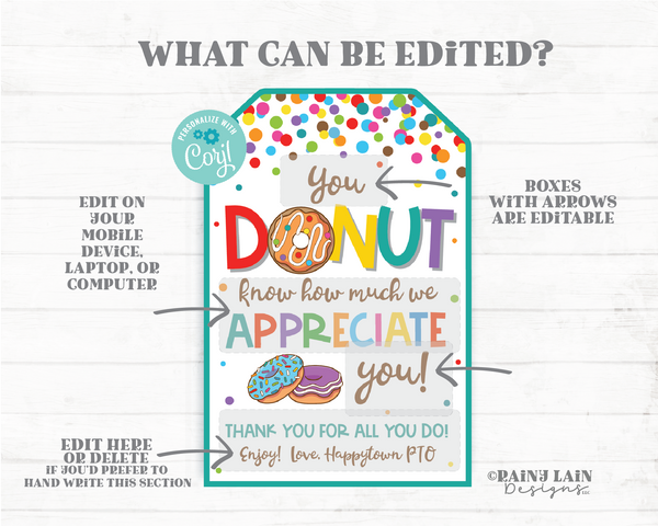 You Donut Know How Much We Appreciate You Tag Thank you Appreciation Favor Donut Gift Teacher Staff Employee School PTO PTA