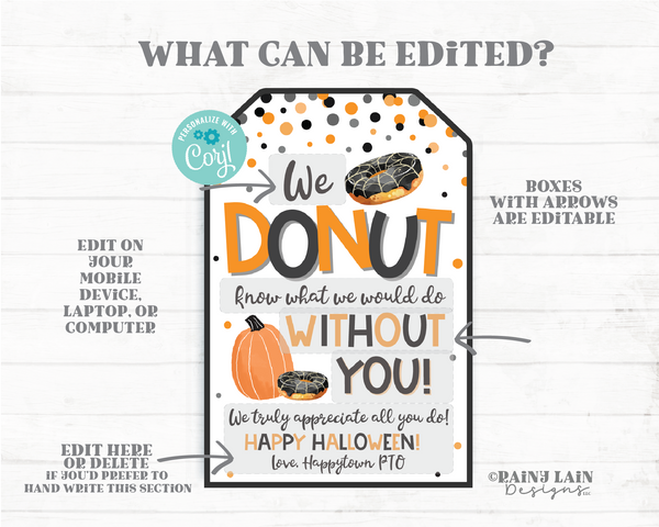 Halloween Donut Know What We Would Do Without You Tag Thank you Appreciation Favor Gift Teacher Staff Employee Principal School PTO