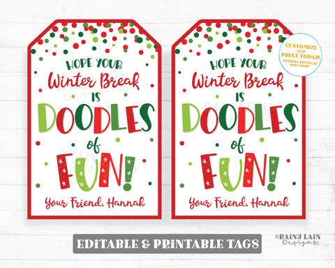 Doodles of Fun Tag Winter Break Gift Pencils Markers Sketch Pad Christmas Printable Favor From Teacher Student Classroom Holiday Editable