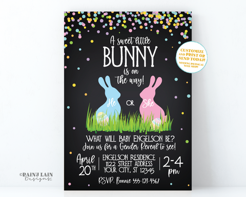 Easter Gender Reveal Invitation, A sweet little bunny is on the way, He or She what will our little bunny be, Egg Hunt, Chalkboard, Confetti