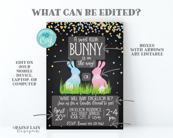 Easter Gender Reveal Invitation, A sweet little bunny is on the way, He or She what will our little bunny be, Egg Hunt, Chalkboard, Confetti