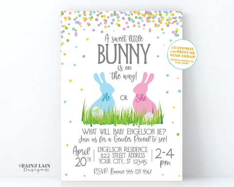 Editable Bunny Gender Reveal Invite, Easter Invitation, Sweet little bunny on the way, He or She what will our little bunny be, Egg Hunt