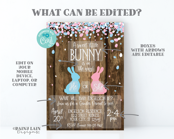 Easter Gender Reveal Invitation, A sweet little bunny is on the way, He or She what will our little bunny be, Rustic, Wood, pink blue bunny