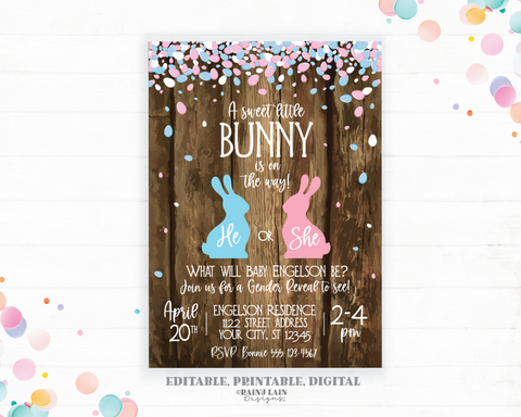 Easter Gender Reveal Invitation, A sweet little bunny is on the way, He or She what will our little bunny be, Rustic, Wood, pink blue bunny