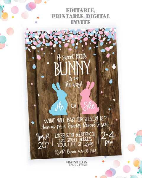 Easter Gender Reveal Invitation, A sweet little bunny is on the way, He or She what will our little bunny be, Rustic, Wood, pink blue bunny