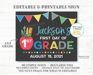 Editable 1st Grade Sign Template First and Last Day of School Back to School Any Grade Photo Prop Kindergarten Preschool Pre-K TK 2nd 3rd