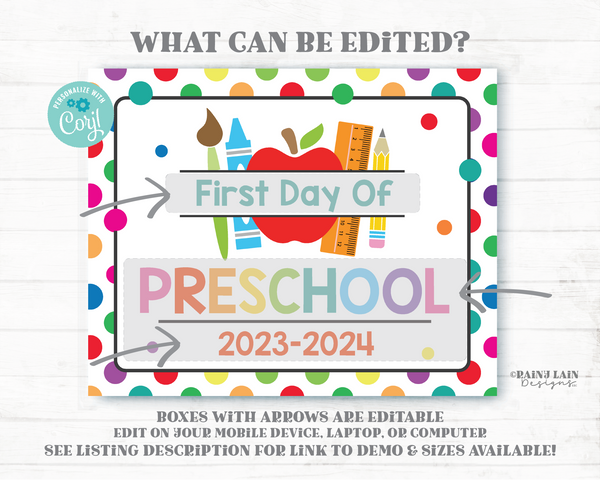 Polkadot First day of School Editable Sign Template 1st Day Colorful White Background Polka Dot Back to School Photo Prop ANY Grade Apple