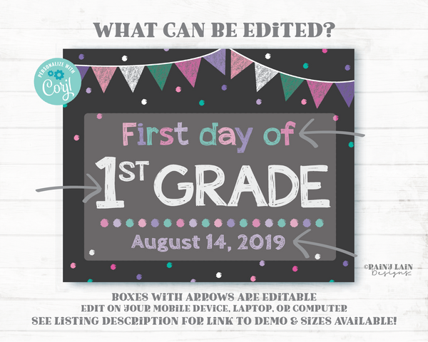Pink Purple Teal Editable First Day of School Sign Template 1st 2nd 3rd Pre-K Back to School Chalkboard Photo Prop Kindergarten Preschool