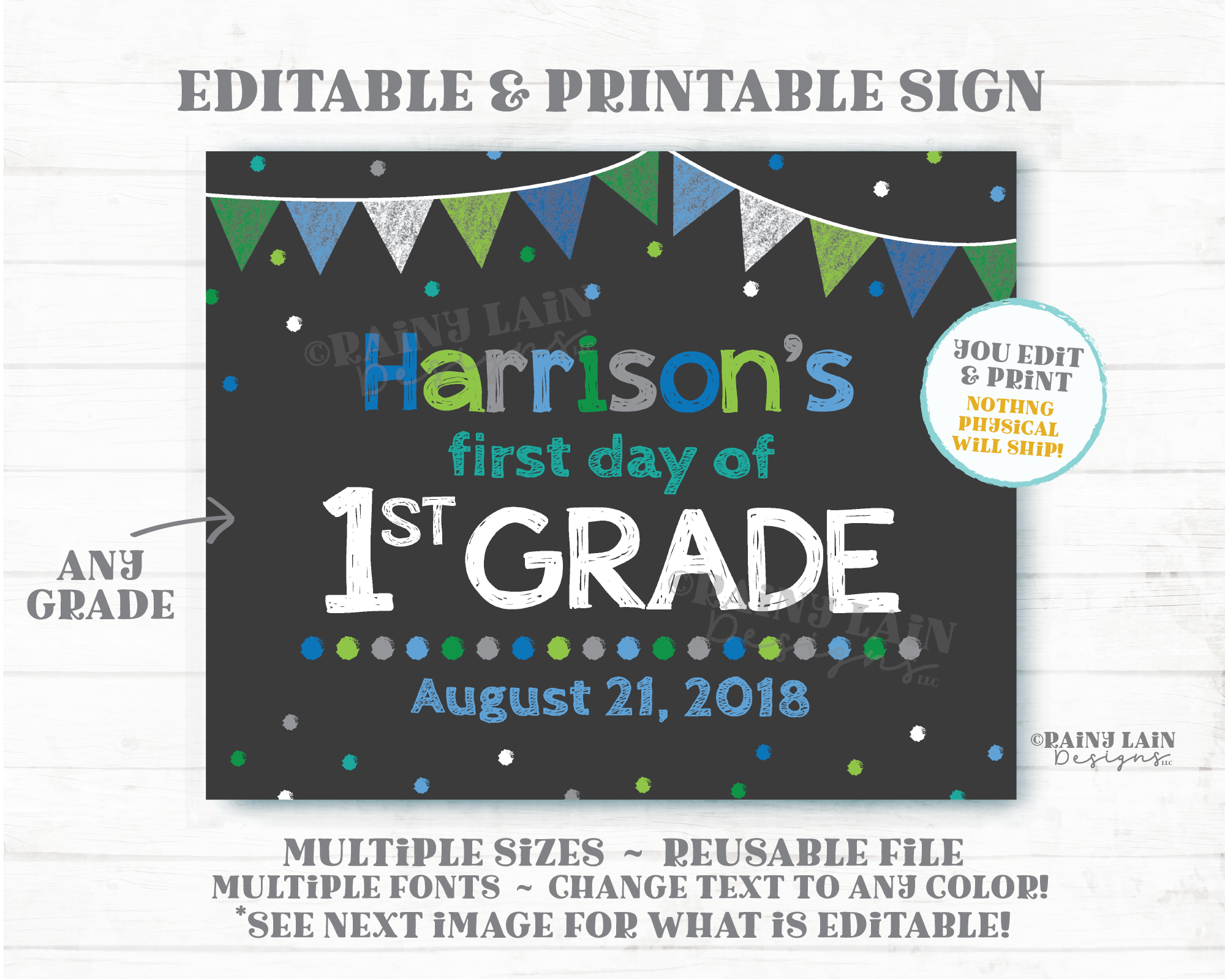 Editable 1st Day of School Sign Boy Back to School Printable Chalkboard First Day of School Photo Prop Keepsake Any Grade 2nd 3rd Preschool
