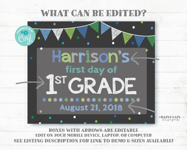 Editable 1st Day of School Sign Boy Back to School Printable Chalkboard First Day of School Photo Prop Keepsake Any Grade 2nd 3rd Preschool