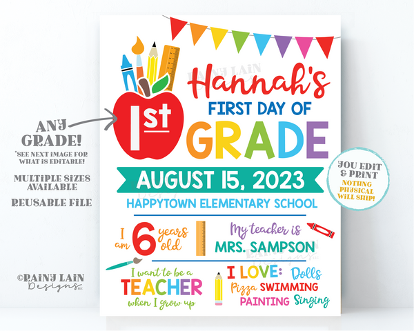 First Grading Template Design Editable Back to School Sign Template White Background First day 1st G ...