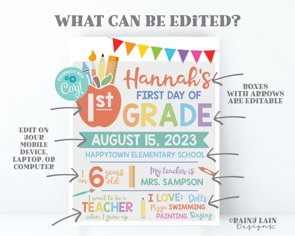 Editable Back to School Sign Template White Background First day 1st Grade Preschool Kindergarten 2nd 3rd 4th 5th ANY grade Apple Pencil
