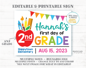 1st Day of School Editable Sign Template Back to School Photo Prop First 2nd 3rd 4th ANY Grade Printable Pencil Apple Crayon Ruler Bunting