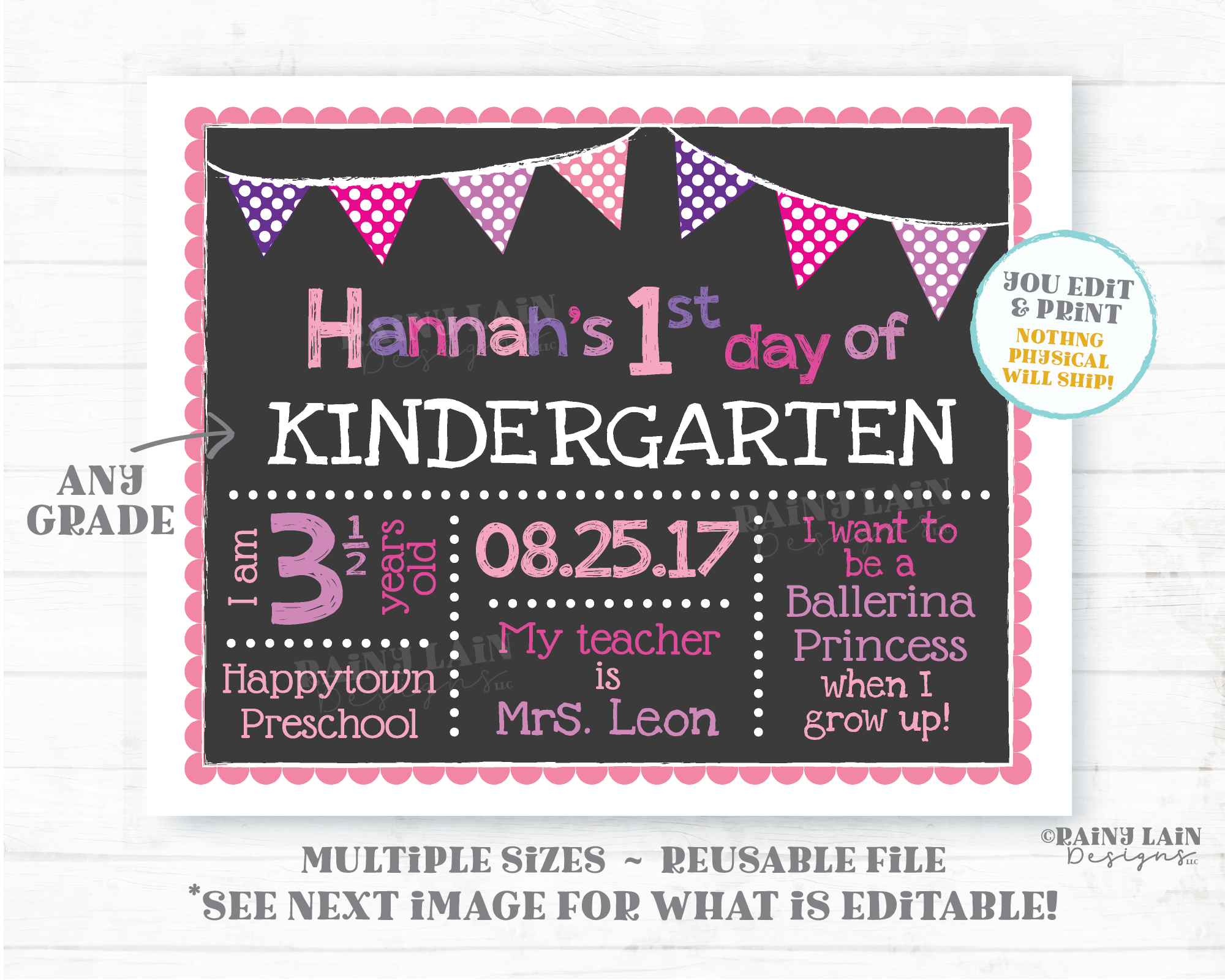 First day of school sign Editable 1st day of school Pre-K Kindergarten Girl ANY Grade Printable Chalkboard Poster Back to School Download