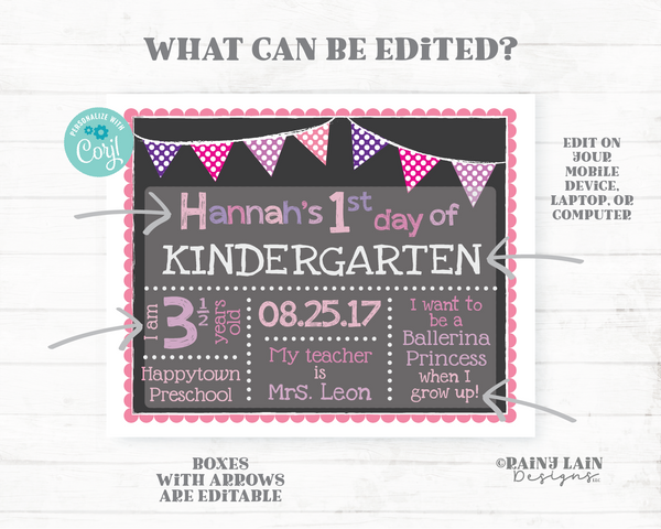 First day of school sign Editable 1st day of school Pre-K Kindergarten Girl ANY Grade Printable Chalkboard Poster Back to School Download