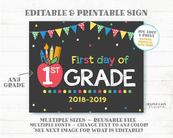 Red Yellow Green Blue 1st Day of School Sign Apple Pencil Ruler Editable First Day Template Back to School Chalkboard Photo Prop Any Grade