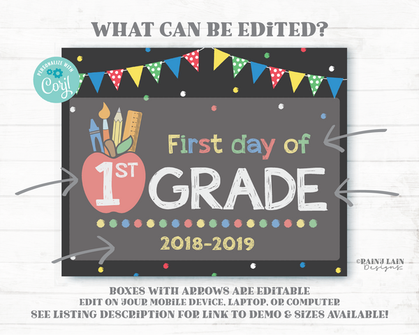 Red Yellow Green Blue 1st Day of School Sign Apple Pencil Ruler Editable First Day Template Back to School Chalkboard Photo Prop Any Grade