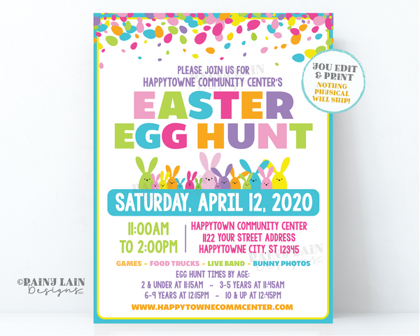 Easter Egg Hunt Flyer Editable Egg Hunt Invite Printable Invitation, Outdoor Bunny, Bunnies, Confetti, Spring, Bright, Digital download