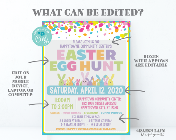 Easter Egg Hunt Flyer Editable Egg Hunt Invite Printable Invitation, Outdoor Bunny, Bunnies, Confetti, Spring, Bright, Digital download