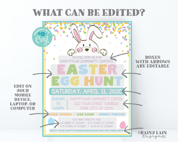 Easter Egg Hunt Flyer, Egg Hunt Invite Printable, Easter Egg Hunt Invitation, Outdoor Egg Hunt Flyer, Easter Bunny, Confetti, Spring