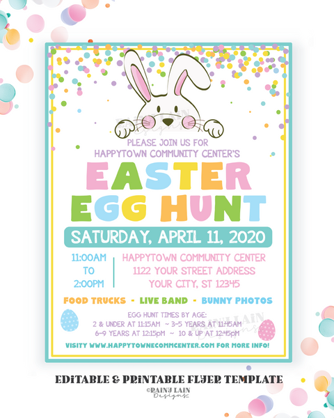 Easter Egg Hunt Flyer, Egg Hunt Invite Printable, Easter Egg Hunt Invitation, Outdoor Egg Hunt Flyer, Easter Bunny, Confetti, Spring