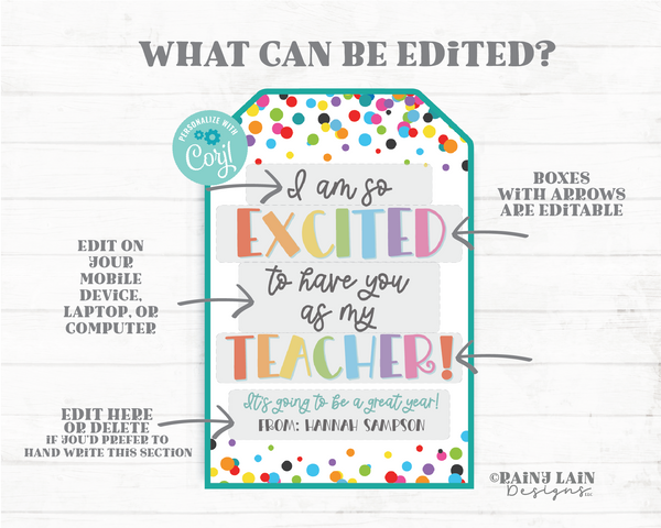 Excited to have you as my Teacher Tag, Editable First Day, 1st, Back to School Gift, Class, PTO PTA, Appreciation, Digital Download