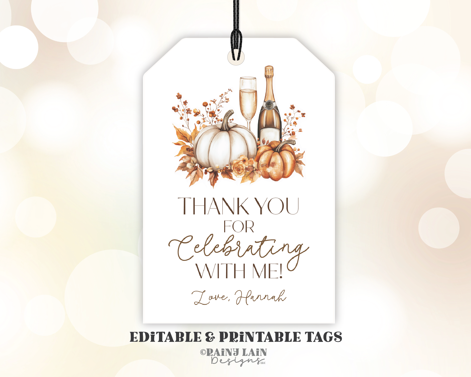 Pumpkins Thank You Tag, Thank you for celebrating, coming to my birthday, Fall Brunch Favor Tag Template, Autumn Bridal Shower Wedding