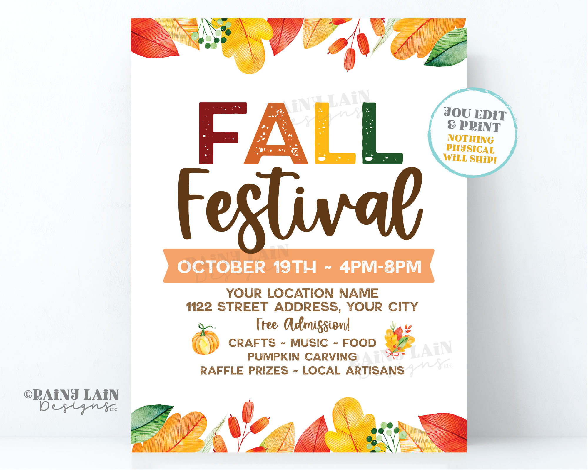 Editable Fall Harvest Festival Flyer Template, Church Fundraiser Invit – Rainy Lain Designs LLC for Free Printable Flyer Templates Download