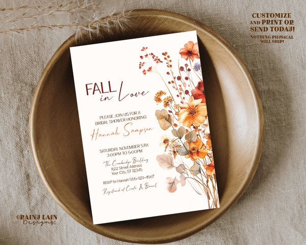 Fall Wildflower Bridal Shower Invitation Template, Editable Autumn Wildflower Bridal Shower Invite, Boho Wildflower Invite, Digital Download