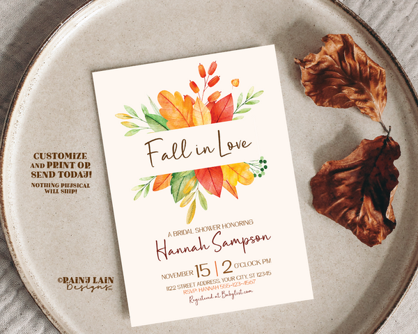 Editable Fall in Love Bridal Shower Invitation Template, Watercolor Autumn Leaves, Instant Digital Download, Baby Shower Print or Text
