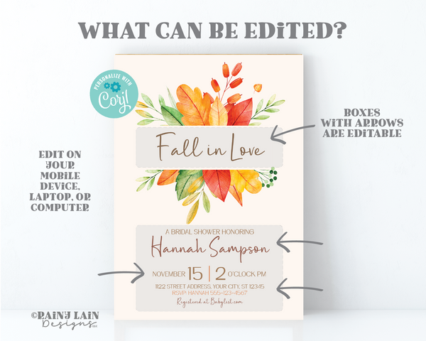 Editable Fall in Love Bridal Shower Invitation Template, Watercolor Autumn Leaves, Instant Digital Download, Baby Shower Print or Text
