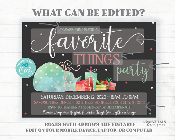 Favorite Things Party Invite, Christmas party invitation, holiday party invite Favorite Things Invitation Favorite things exchange, presents