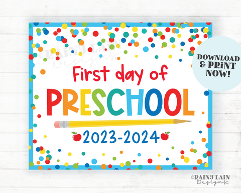 First day of Preschool Sign Back to School Printable 1st day of Pre School Picture Photo Prop Instant Download Blue Confetti 2023-2024