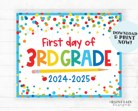 First day of 3rd Grade Sign Back to School Printable 1st day of Third School Picture Photo Prop Instant Download Blue Confetti