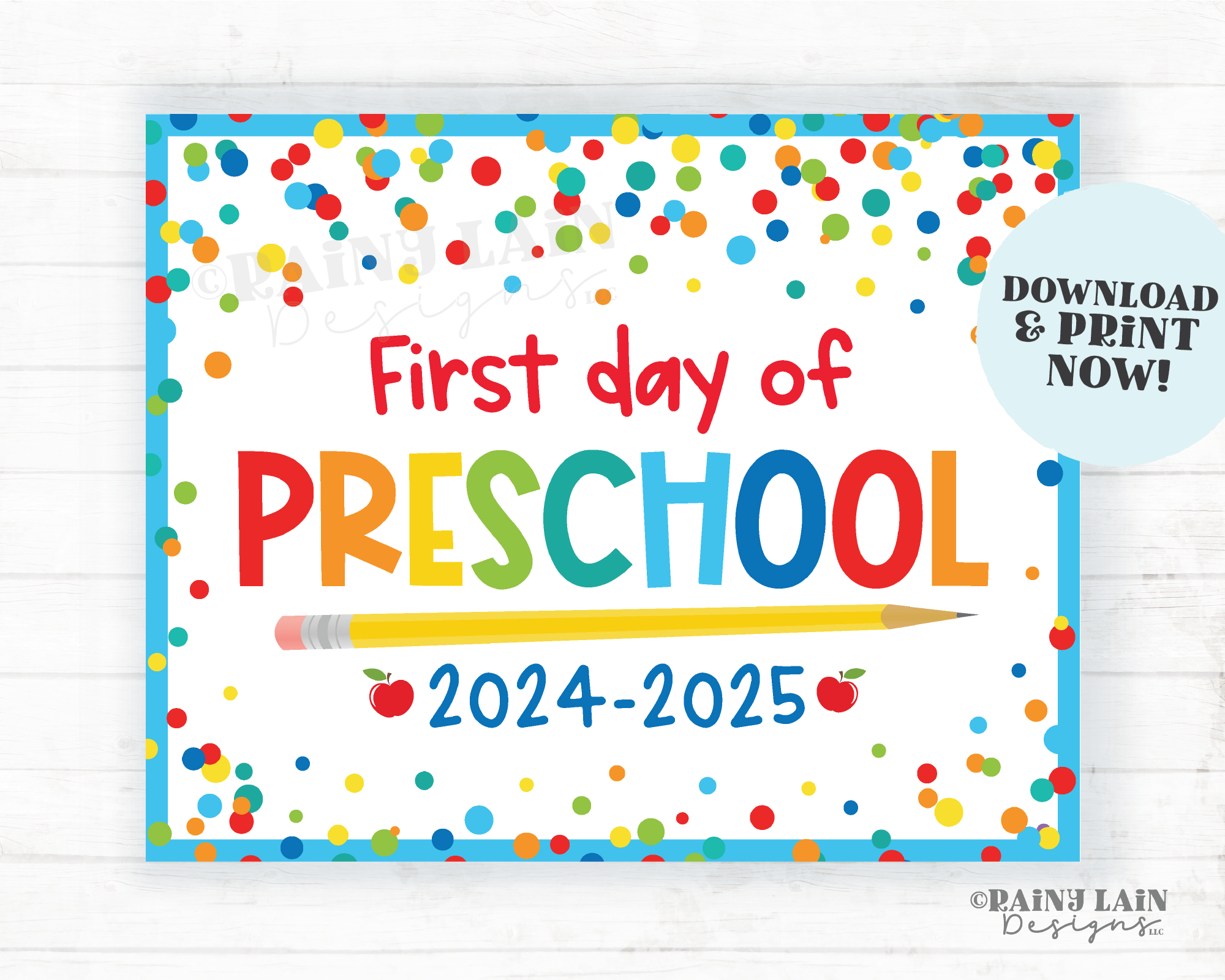 First day of Preschool Sign Back to School Printable 1st day of Pre School Picture Photo Prop Instant Download Blue Confetti